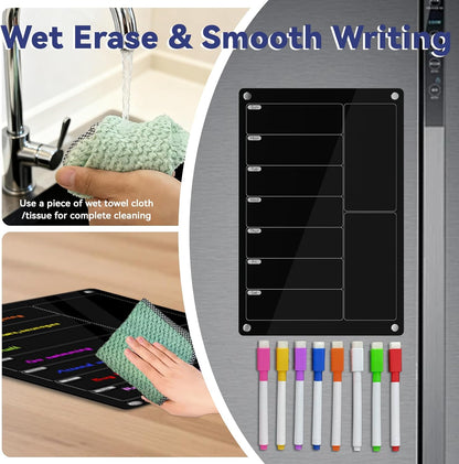 Acrylic Meal Planner Magnetic Menu Board for Kitchen Fridge,Magnetic Black Weekly Calendar Planner Board Refrigerator Dry Erase Board to Do Chore Chart,Grocery/Shopping List,12"X8"