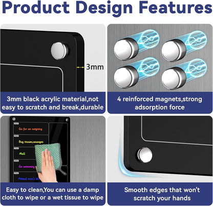 Acrylic Meal Planner Magnetic Menu Board for Kitchen Fridge,Magnetic Black Weekly Calendar Planner Board Refrigerator Dry Erase Board to Do Chore Chart,Grocery/Shopping List,12"X8"