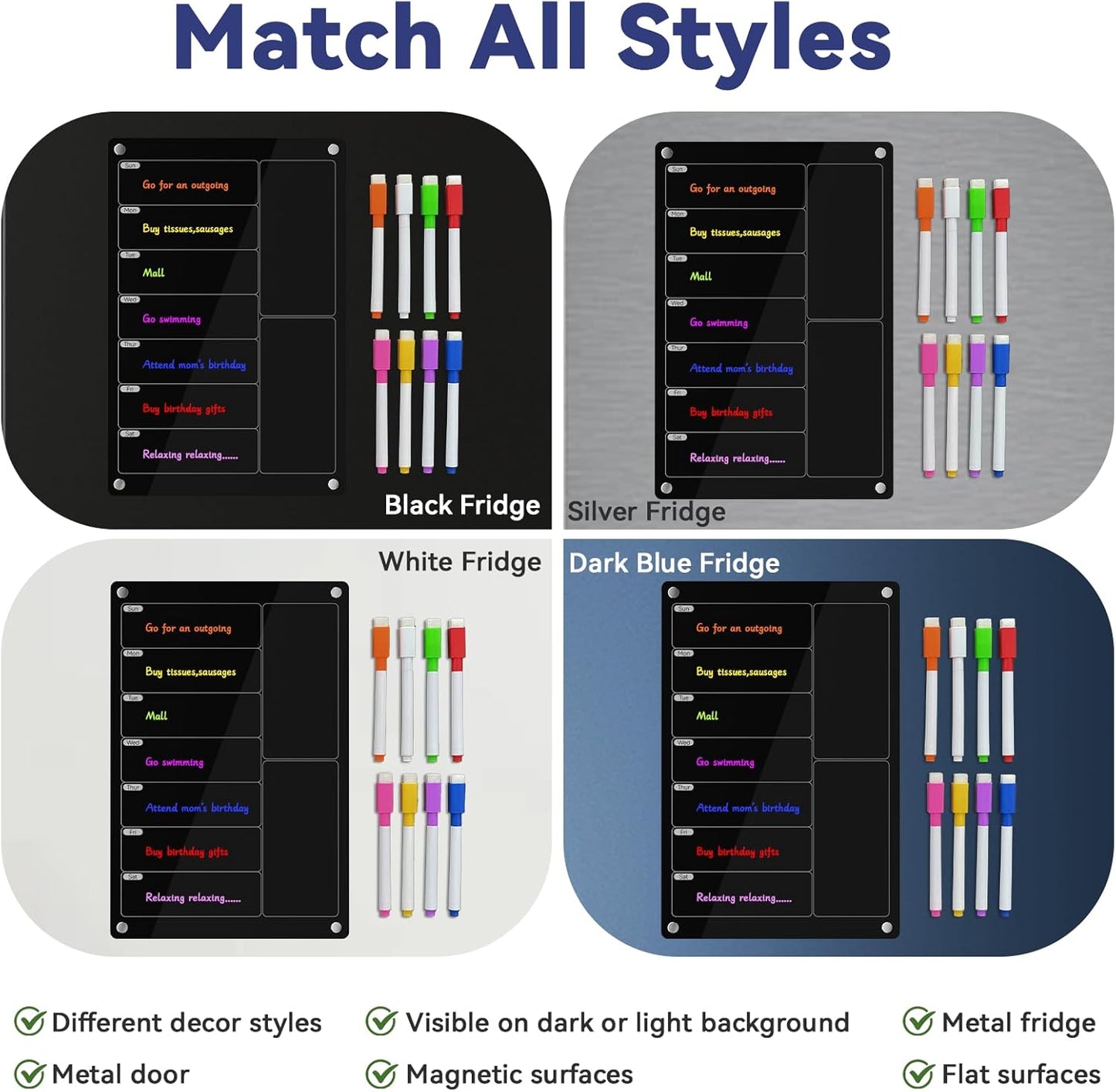 Acrylic Meal Planner Magnetic Menu Board for Kitchen Fridge,Magnetic Black Weekly Calendar Planner Board Refrigerator Dry Erase Board to Do Chore Chart,Grocery/Shopping List,12"X8"