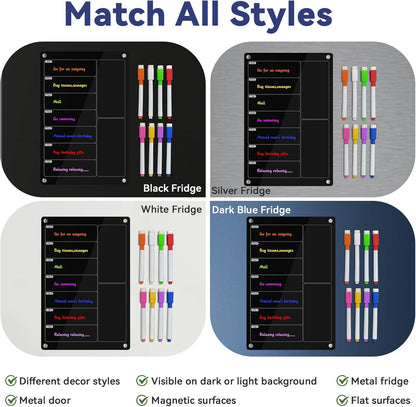 Acrylic Meal Planner Magnetic Menu Board for Kitchen Fridge,Magnetic Black Weekly Calendar Planner Board Refrigerator Dry Erase Board to Do Chore Chart,Grocery/Shopping List,12"X8"