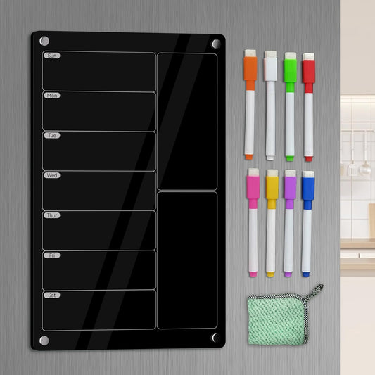 Acrylic Meal Planner Magnetic Menu Board for Kitchen Fridge,Magnetic Black Weekly Calendar Planner Board Refrigerator Dry Erase Board to Do Chore Chart,Grocery/Shopping List,12"X8"