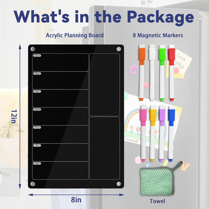 Acrylic Meal Planner Magnetic Menu Board for Kitchen Fridge,Magnetic Black Weekly Calendar Planner Board Refrigerator Dry Erase Board to Do Chore Chart,Grocery/Shopping List,12"X8"