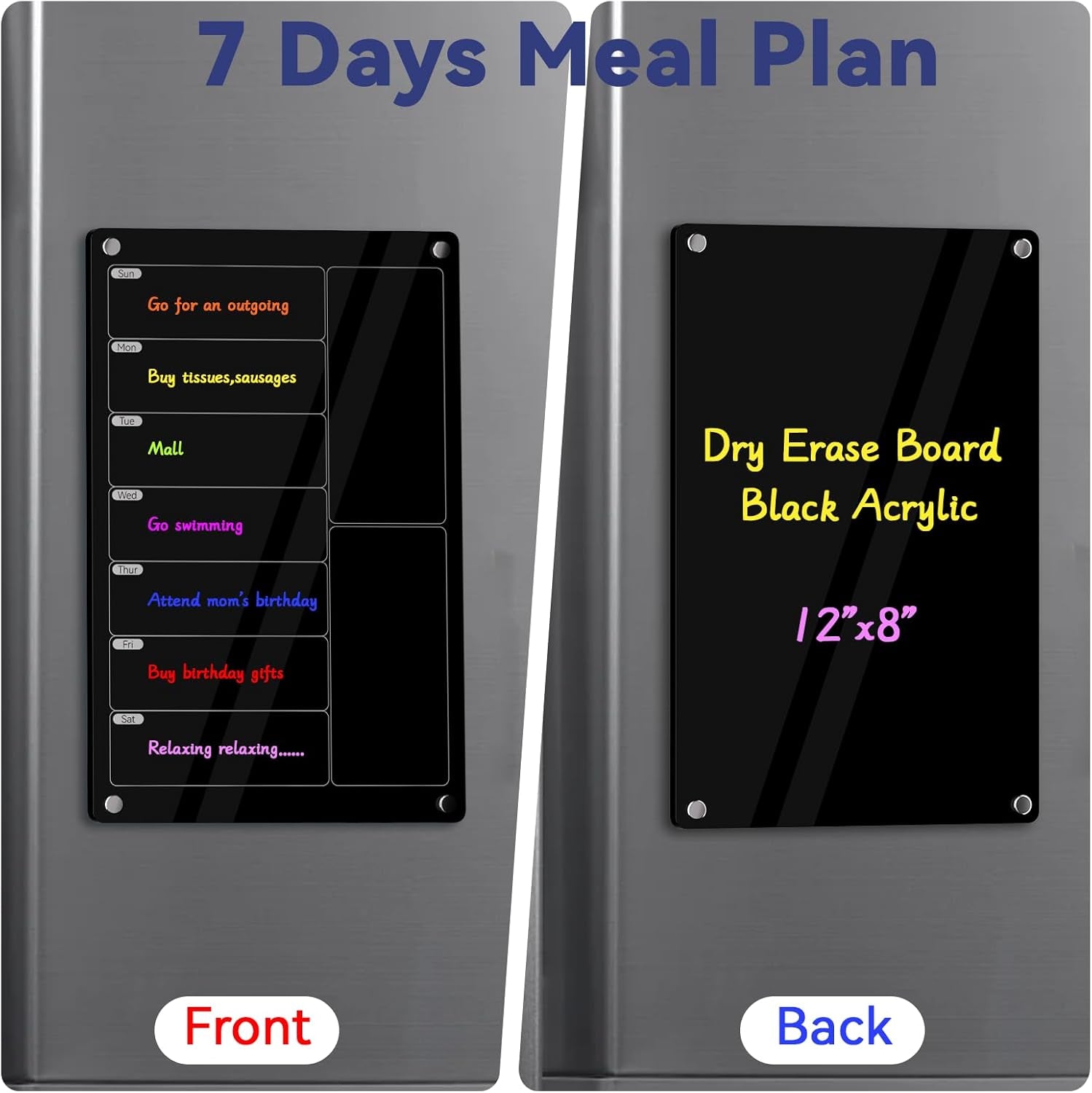 Acrylic Meal Planner Magnetic Menu Board for Kitchen Fridge,Magnetic Black Weekly Calendar Planner Board Refrigerator Dry Erase Board to Do Chore Chart,Grocery/Shopping List,12"X8"