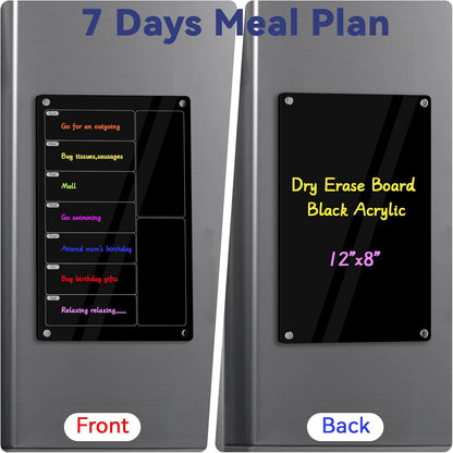 Acrylic Meal Planner Magnetic Menu Board for Kitchen Fridge,Magnetic Black Weekly Calendar Planner Board Refrigerator Dry Erase Board to Do Chore Chart,Grocery/Shopping List,12"X8"